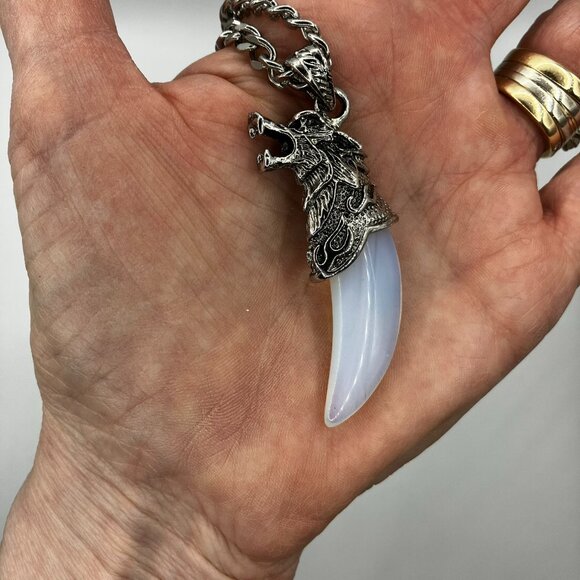 Opalite Gemstone Tusk with Men's Manly Chunky 20 inch Stainless Steel Chain NEW - Picture 1 of 12
